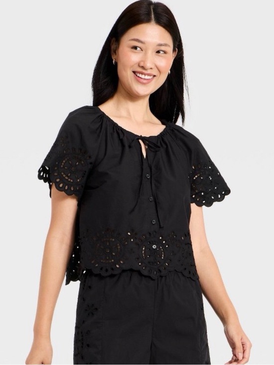 a new day Tops - A New Day Black Eyelet Peasant Blouse Flutter Sleeves Size Small